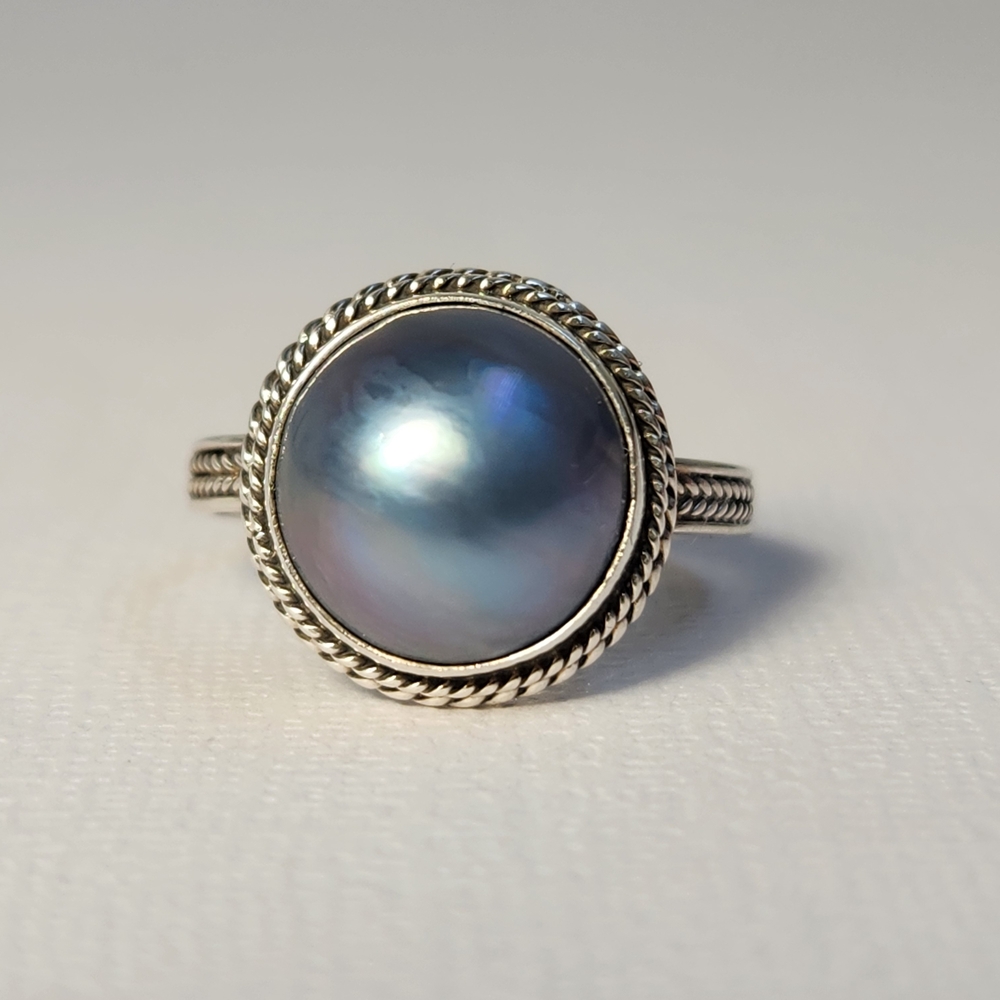 NIB VTG 925 Silver Blue Mabe Pearl Large Dome Peacock Bali Style Ring Sz 8